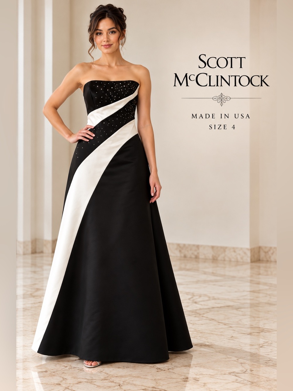 Scott McClintock Strapless Rhinestone Black Ivory Evening Gown Size 4 USA